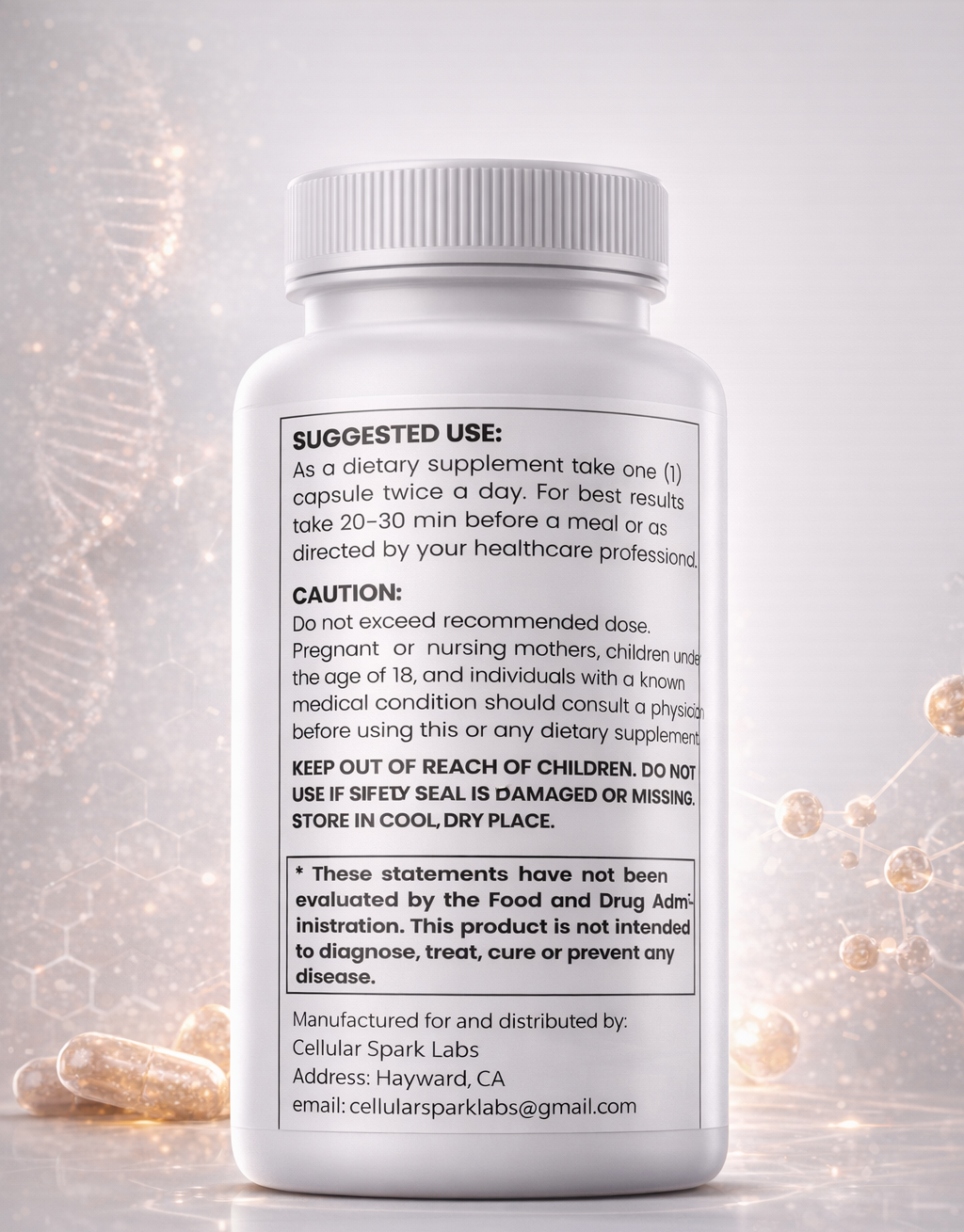 Supplement bottle with label on a light gray background