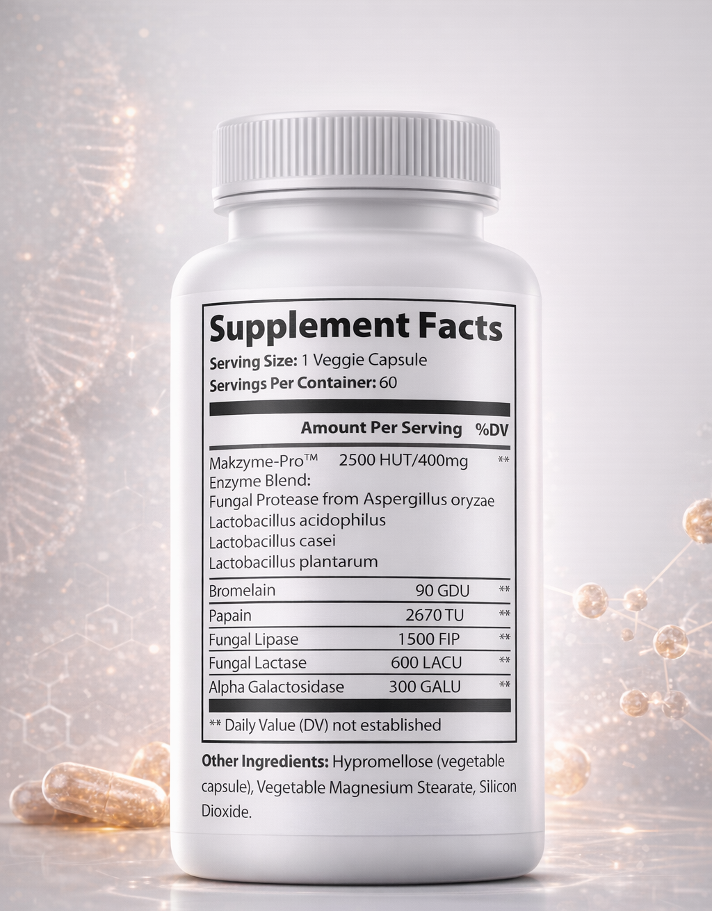Supplement bottle with label on a light gray background