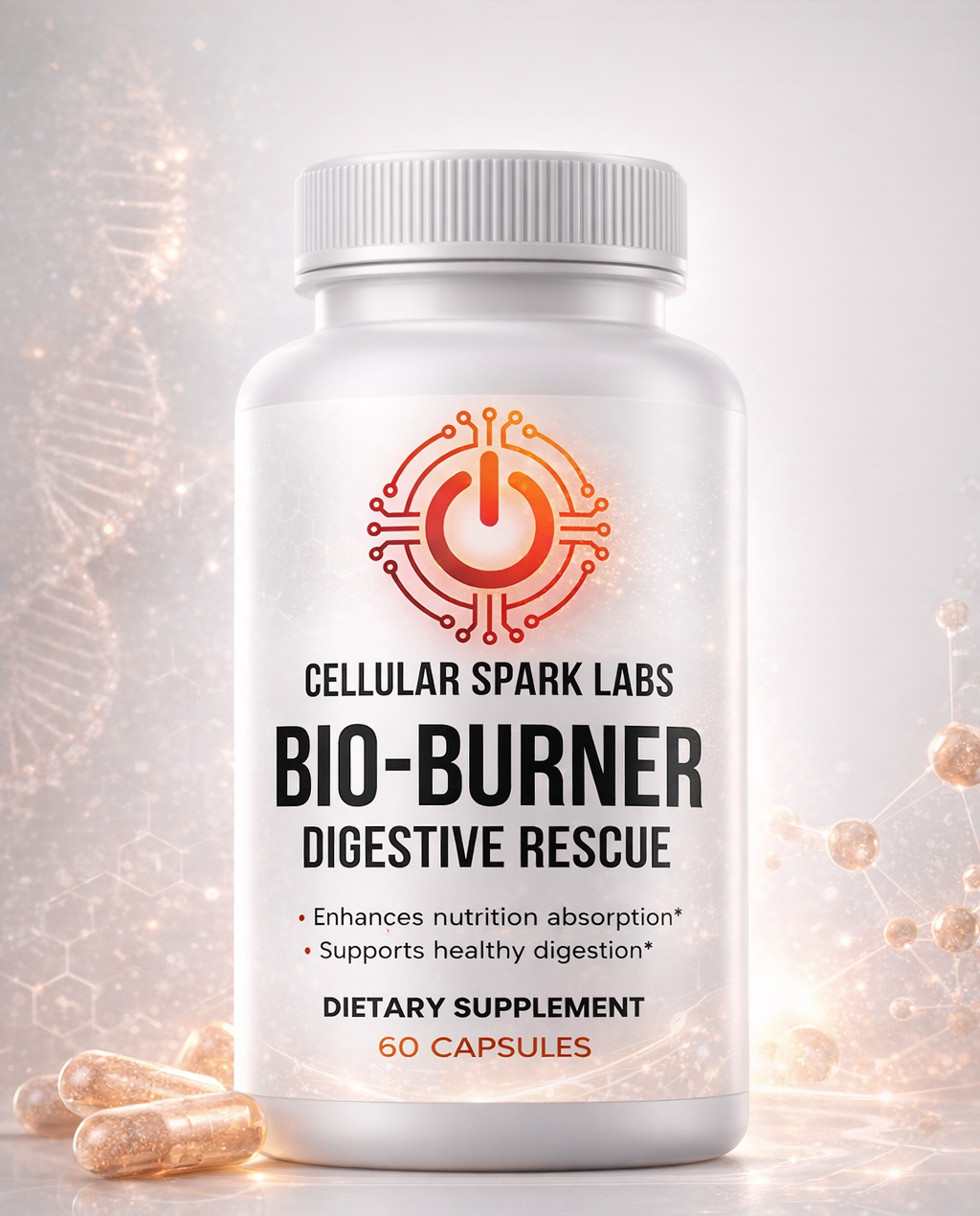 Supplement bottle labeled 'Bio-Burner Digestive Rescue' by Cellular Spark Labs on a light background.