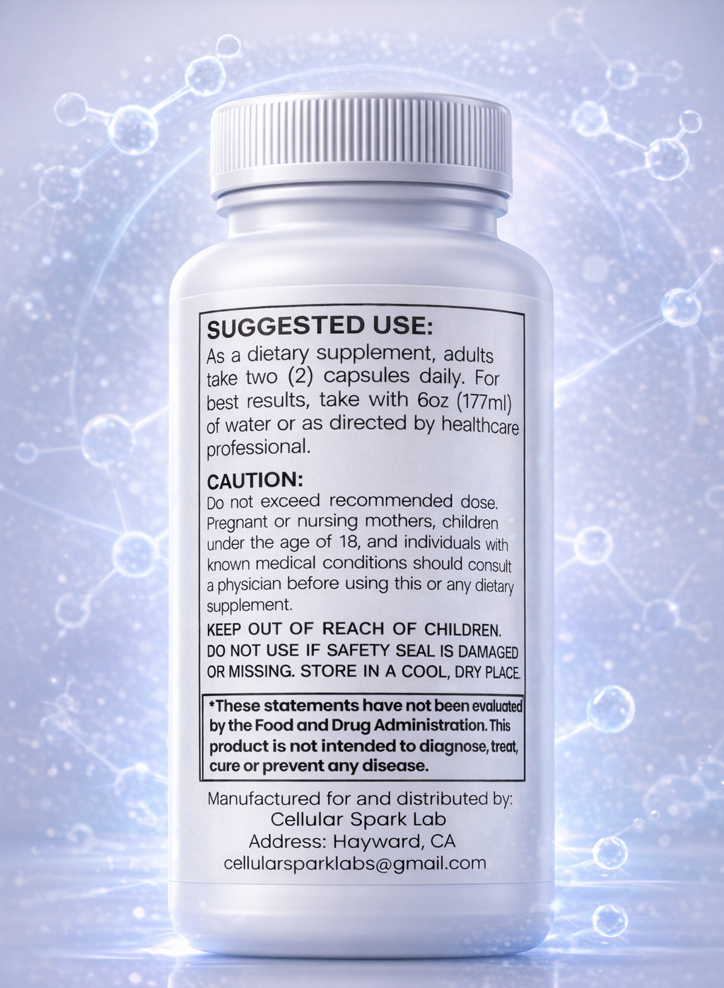 Supplement bottle with label on a light blue background