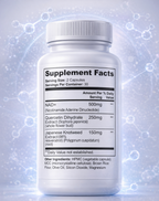 Supplement bottle with label on a light blue background