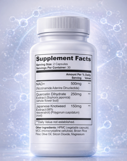 Supplement bottle with label on a light blue background