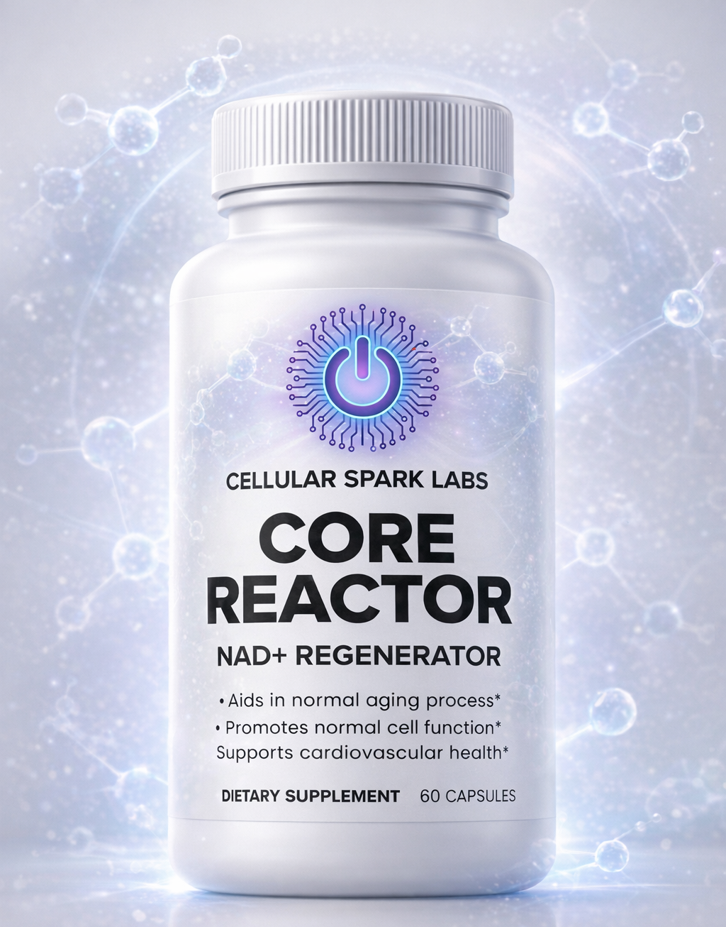Supplement bottle labeled 'Core Reactor' by Cellular Spark Labs on a light gray background with molecular designs.