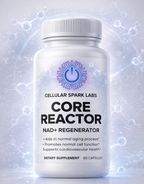 Supplement bottle labeled 'Core Reactor' by Cellular Spark Labs on a light gray background with molecular designs.
