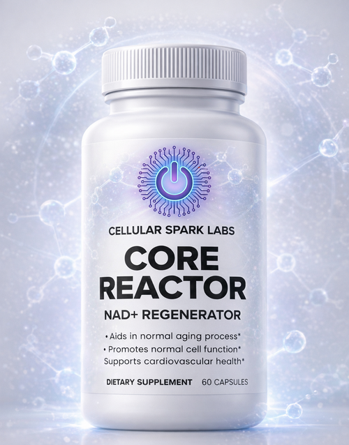 Supplement bottle labeled 'Core Reactor' by Cellular Spark Labs on a light gray background with molecular designs.